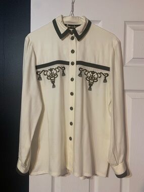 Lucien Daunois Vintage Embroidered Contrast-Trim Button Down Shirt Cream/Olive